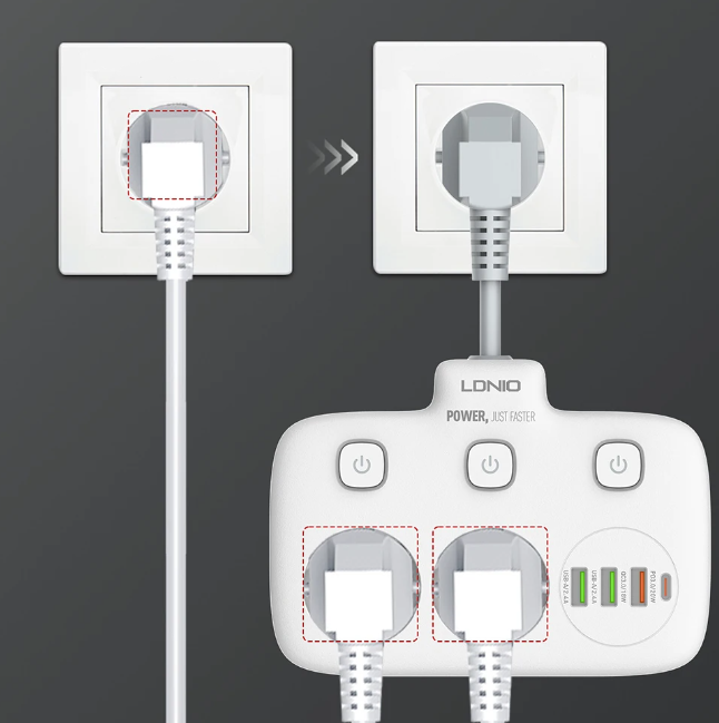 Множествен контакт с 2 AC контакта, 3x USB, USB-C